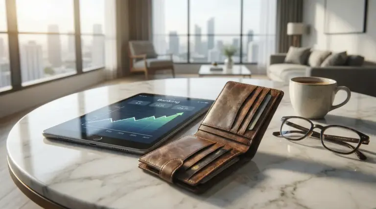 Tablet con grafico bancario, portafoglio e tazza su un tavolo in un elegante soggiorno con vista sulla città