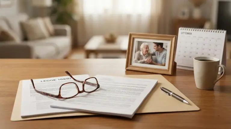 Documenti sulla legge 104 con occhiali su un tavolo, accanto a calendario e foto di un caregiver con anziana