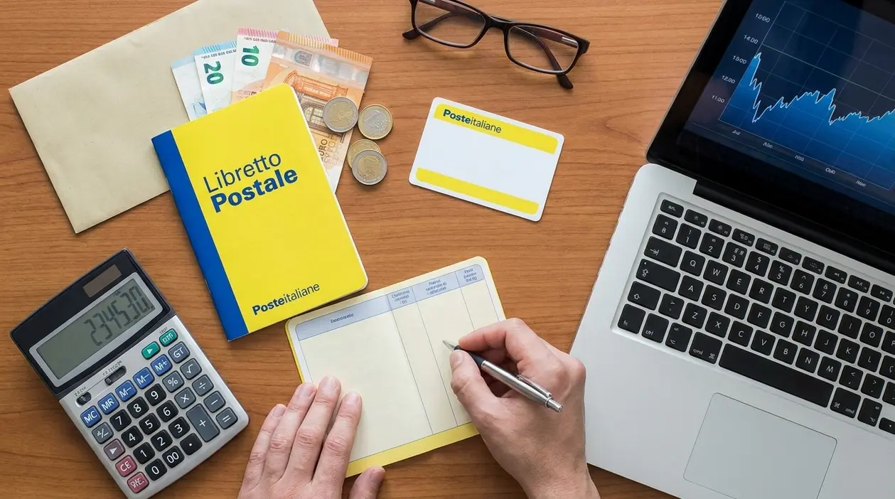 Persona che aggiorna un libretto postale con contanti, calcolatrice e laptop su una scrivania