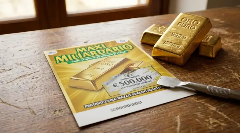 Gratta e vinci a tema lingotto d’oro su un tavolo con alcuni lingotti e uno strumento per grattare
