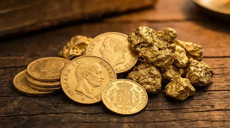 Marenghi d’oro e pepite d’oro su un tavolo in legno, simbolo del valore al grammo