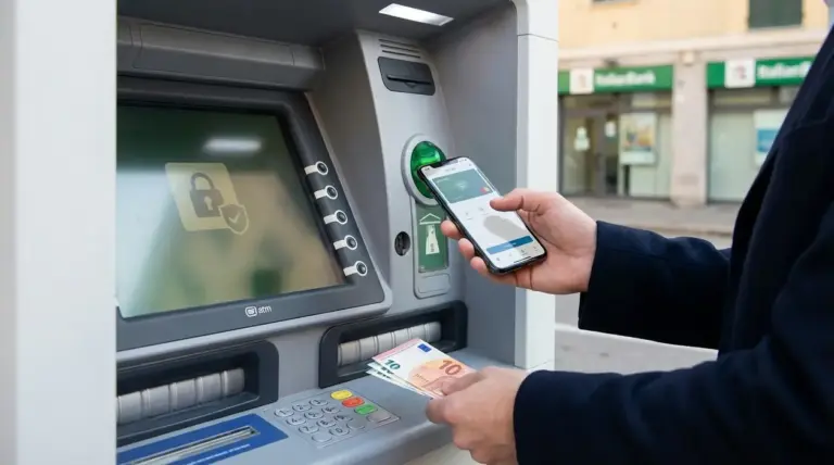 Persona preleva contanti al bancomat usando uno smartphone per un metodo alternativo e sicuro