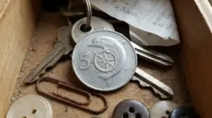 Moneta da 5 lire con delfino in un cassetto tra chiavi e piccoli oggetti