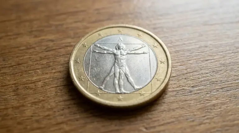 Moneta da 1 euro italiana con l’Uomo Vitruviano appoggiata su una superficie di legno