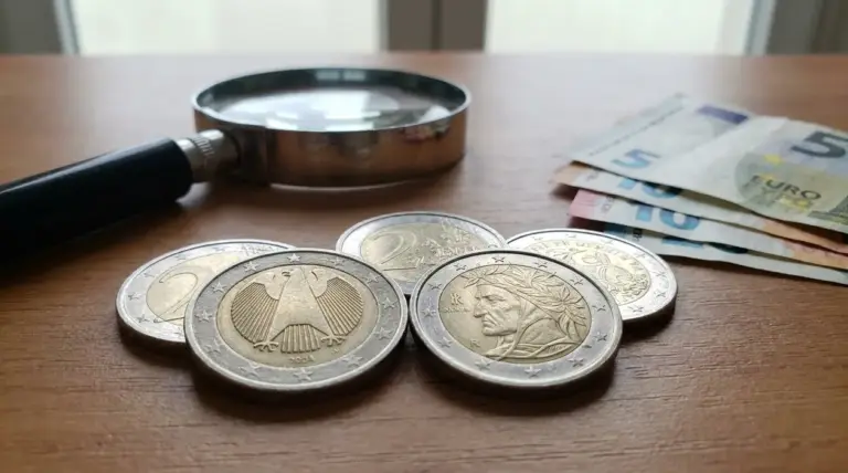 Monete da 2 euro su un tavolo con lente d’ingrandimento e banconote, simbolo di controllo del valore numismatico