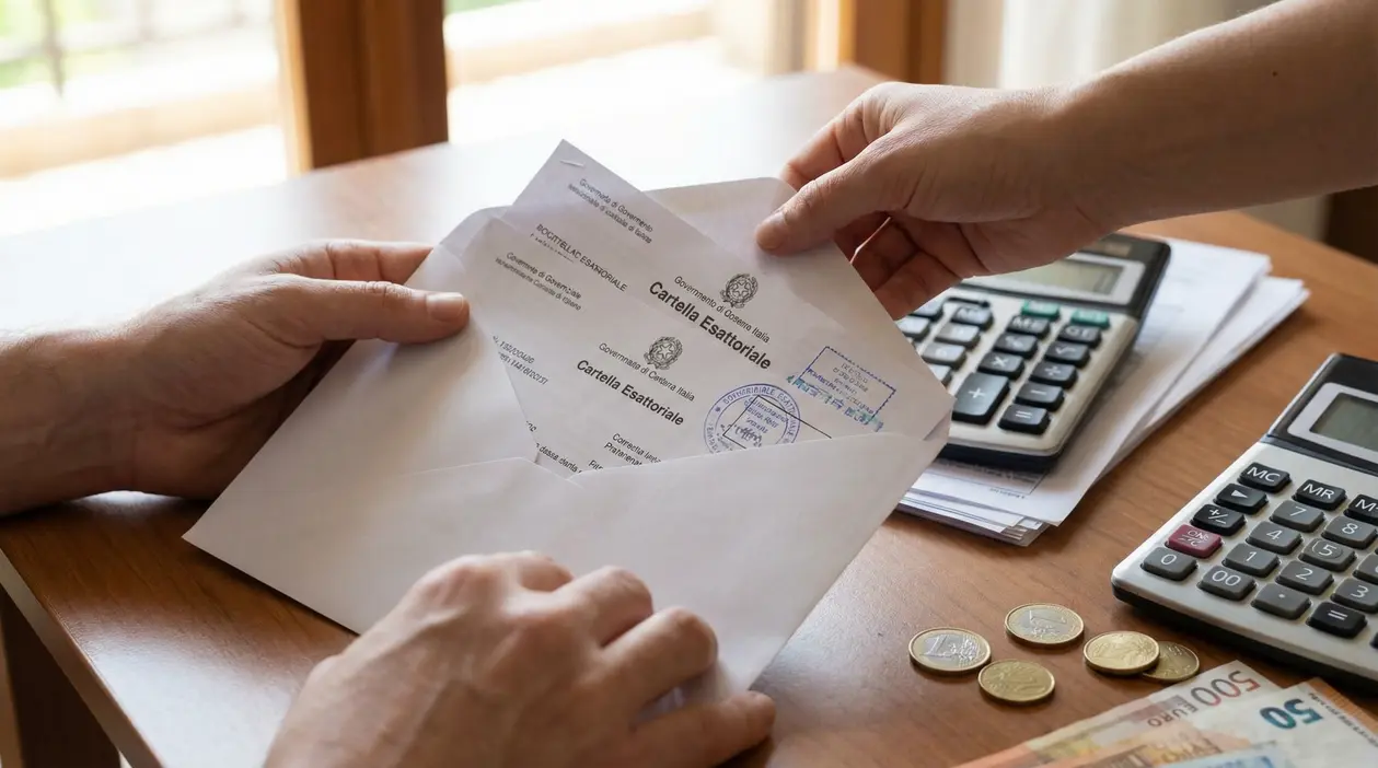 Persona apre una cartella esattoriale su un tavolo con calcolatrice, documenti e denaro