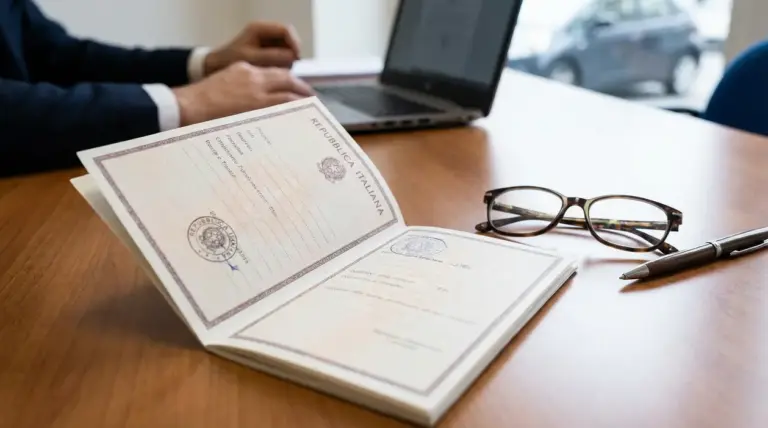 Documento italiano aperto su una scrivania con occhiali, penna e persona al computer in ufficio