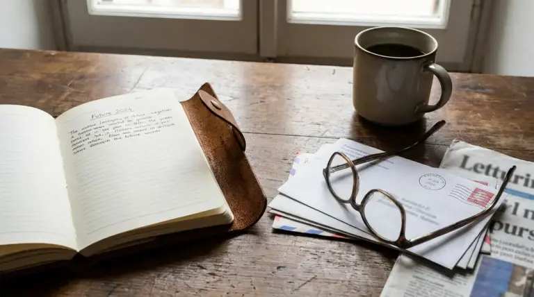 Taccuino aperto, lettere, giornale, occhiali e tazza su un tavolo, simbolo di pensione e nuove regole