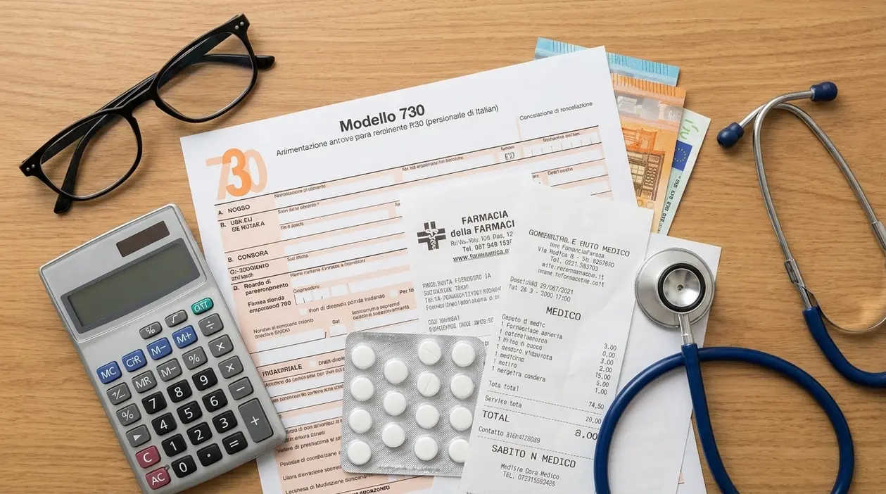 Modello 730 con scontrino farmacia, calcolatrice, banconote, blister di pillole e stetoscopio su un tavolo