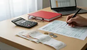 Persona che compila il modello 730 con ricevute, calcolatrice e monete su una scrivania