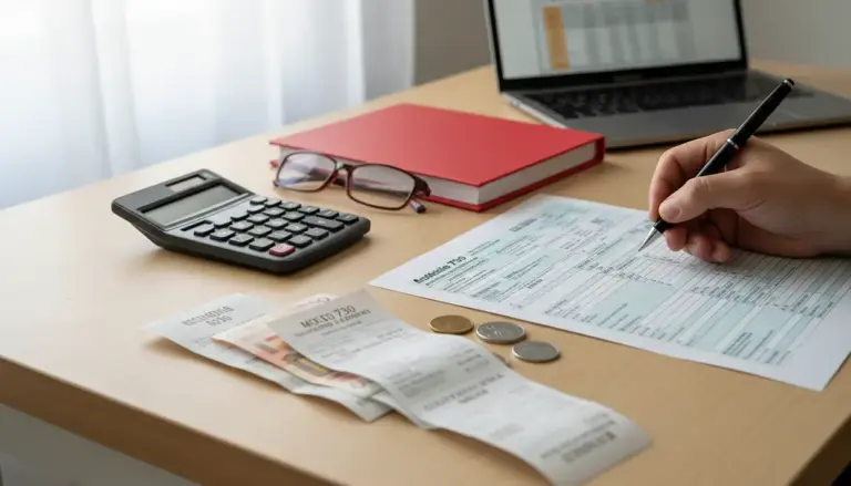 Persona che compila il modello 730 con ricevute, calcolatrice e monete su una scrivania