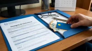 Modulo per l’assegno di inclusione su una scrivania con carta, contanti e documenti