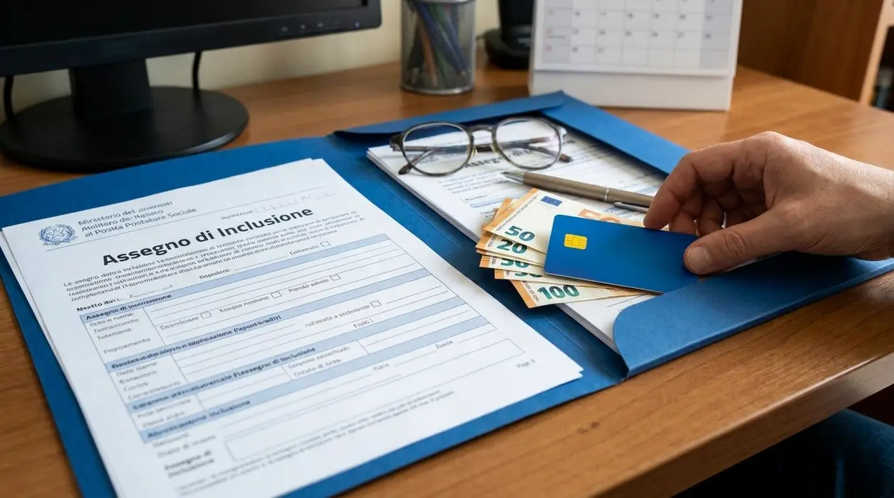 Modulo per l’assegno di inclusione su una scrivania con carta, contanti e documenti