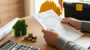 Persona che controlla documenti per bonus ristrutturazioni con monete, casco da cantiere e planimetria sul tavolo