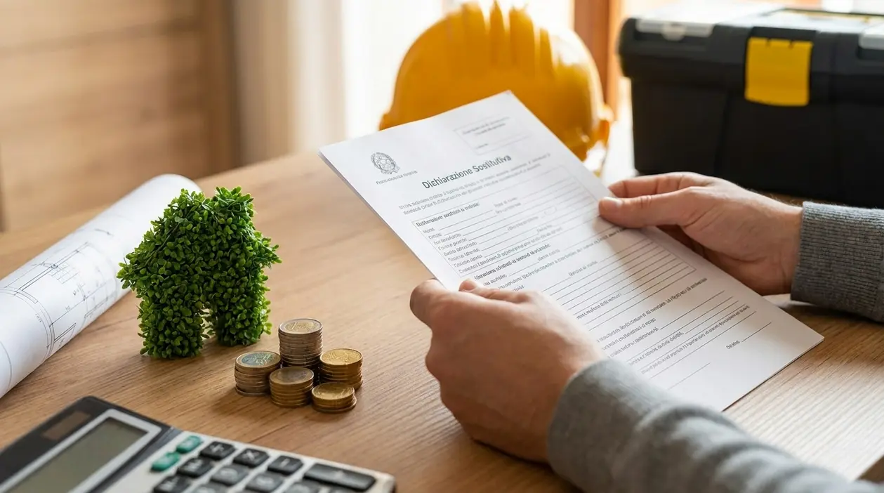 Persona che controlla documenti per bonus ristrutturazioni con monete, casco da cantiere e planimetria sul tavolo