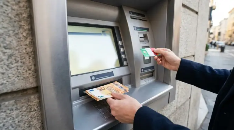 Persona preleva contanti da un bancomat con carta bancaria e banconote in euro