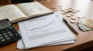 Calcolatrice, grafico sull’aumento del canone di locazione, quaderno con appunti e banconote in euro su un tavolo