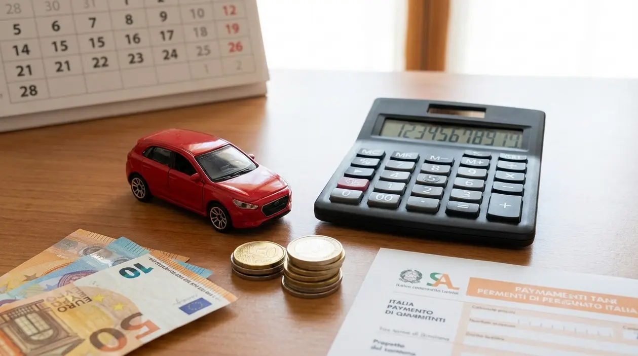 Modellino di auto rossa con calcolatrice, contanti e calendario su un tavolo, simbolo del costo del bollo auto