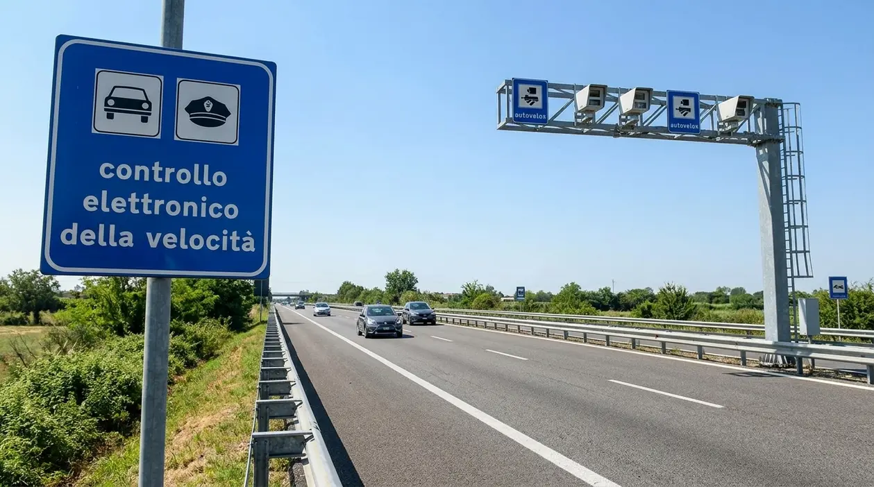 Cartello di controllo elettronico della velocità e portale autovelox su una strada a più corsie