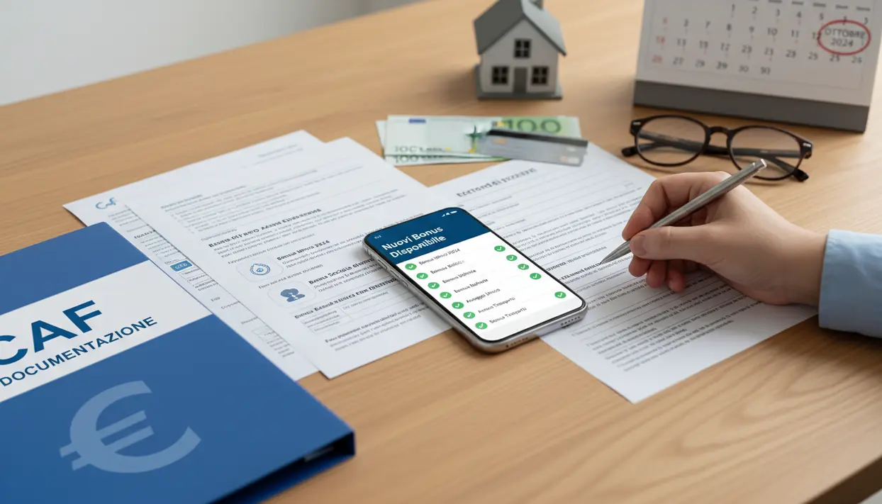 Persona compila moduli CAF con smartphone, documenti e banconote per richiedere nuovi bonus