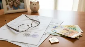 Documenti con occhiali, banconote euro, salvadanaio e simbolo casa su un tavolo