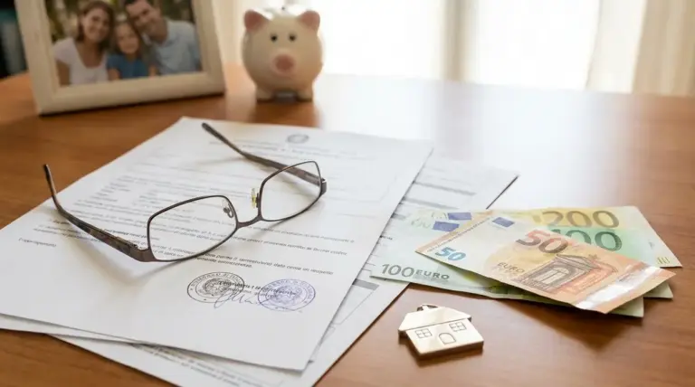 Documenti con occhiali, banconote euro, salvadanaio e simbolo casa su un tavolo