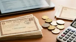 Buoni fruttiferi postali, monete in euro e calcolatrice su un tavolo