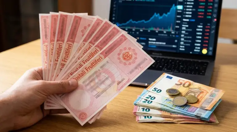 Persona con buoni fruttiferi postali in mano accanto a contanti e laptop con grafico finanziario