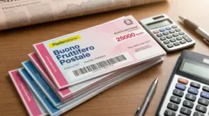 Pile di buoni fruttiferi postali su un tavolo con calcolatrici e giornale finanziario