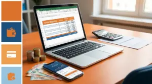 Laptop con tabella di conto deposito, calcolatrice, smartphone, monete e banconote su una scrivania