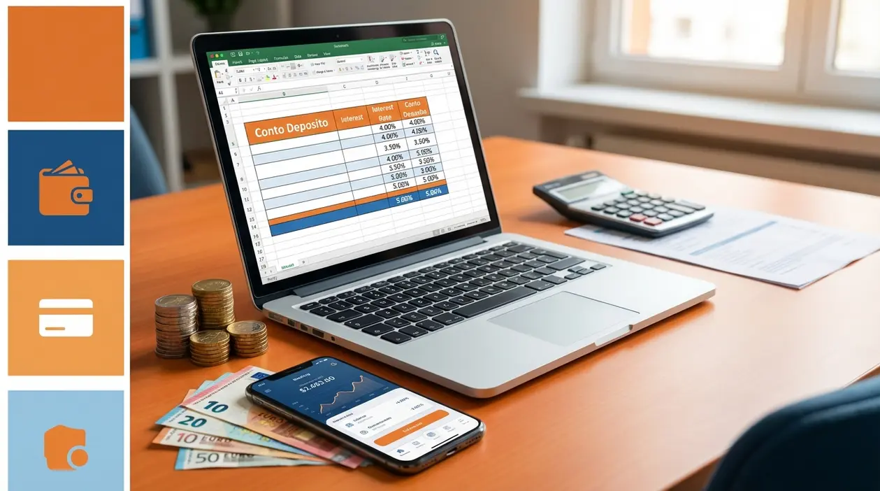 Laptop con tabella di conto deposito, calcolatrice, smartphone, monete e banconote su una scrivania
