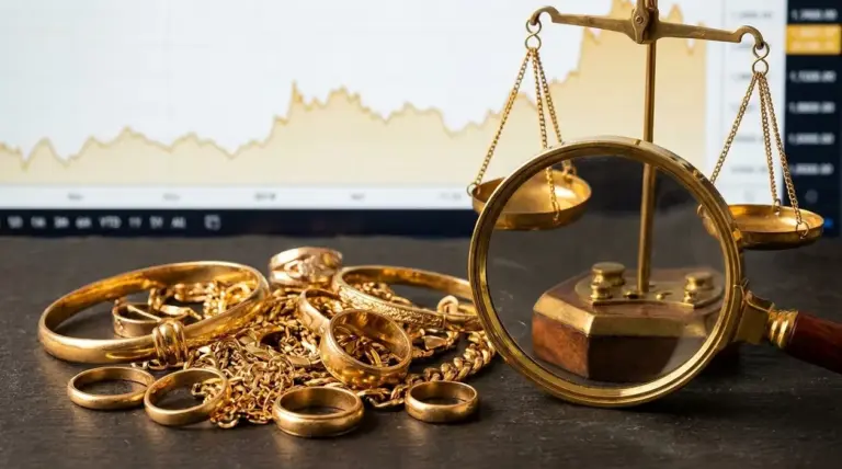 Gioielli in oro usato con lente e bilancia davanti a un grafico del prezzo, simbolo della valutazione al grammo