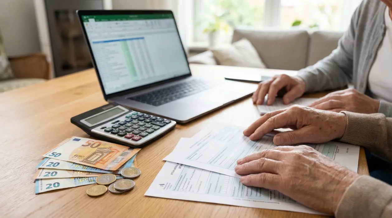 Persona anziana con documenti, calcolatrice, computer e contanti per il calcolo della pensione con 20 anni di contributi