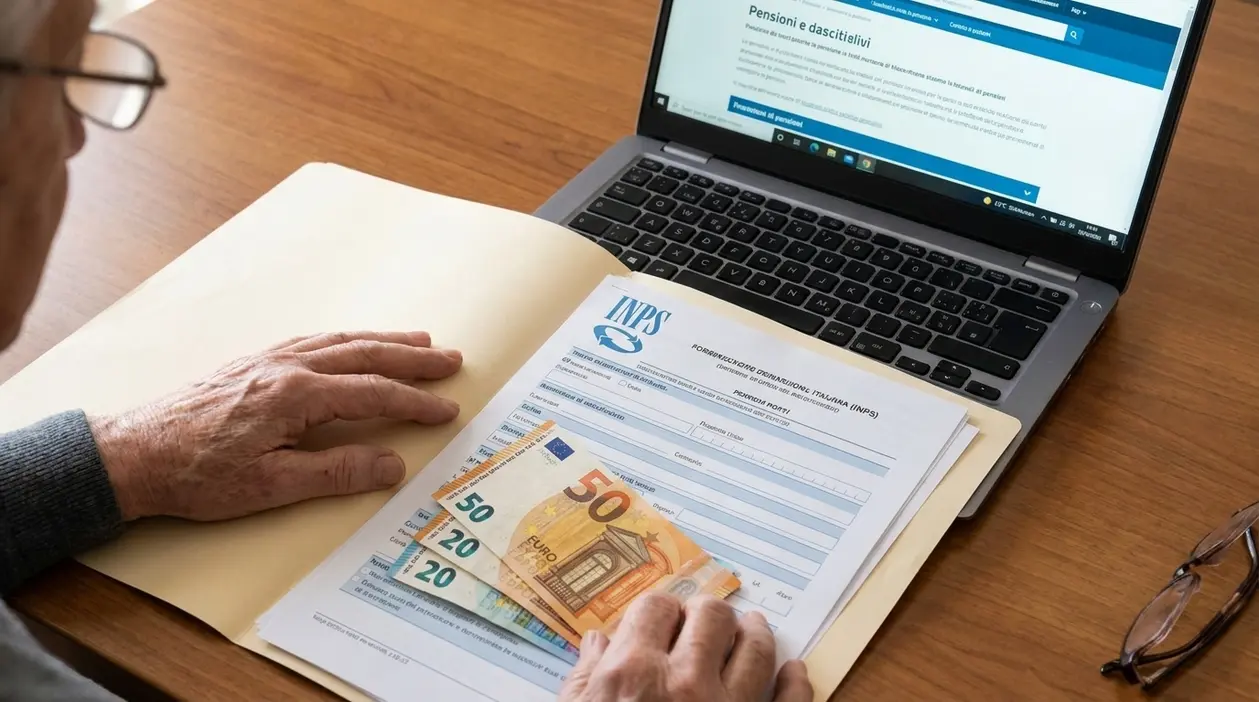 Persona anziana con modulo INPS e banconote euro davanti a un laptop, per richiesta di pensione di reversibilità