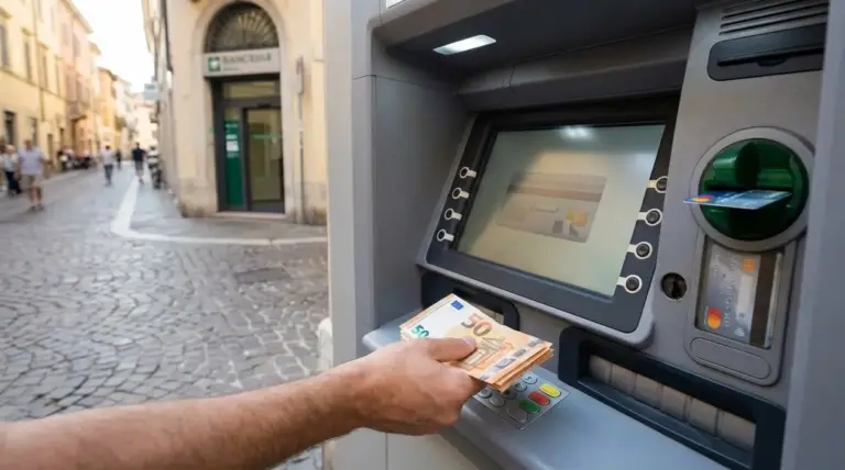 Persona preleva contanti da un bancomat, immagine sul pignoramento del conto corrente e somme protette