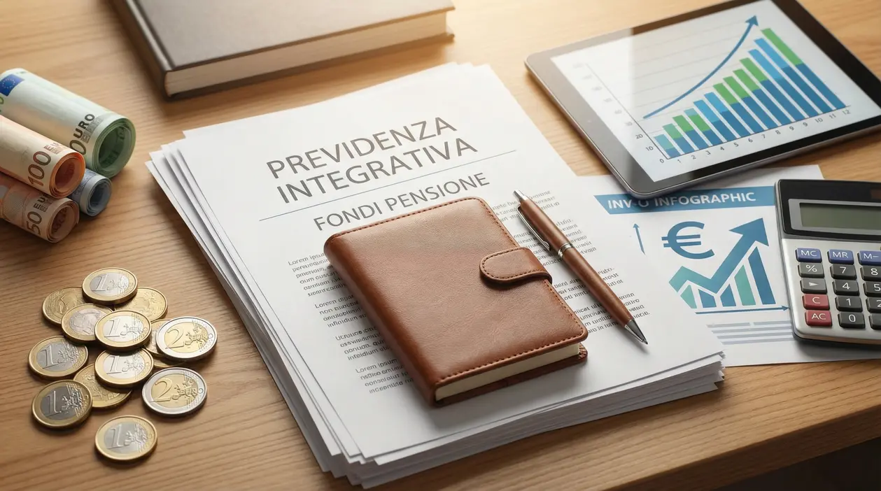 Documenti su previdenza integrativa con euro, calcolatrice, grafici e taccuino su una scrivania