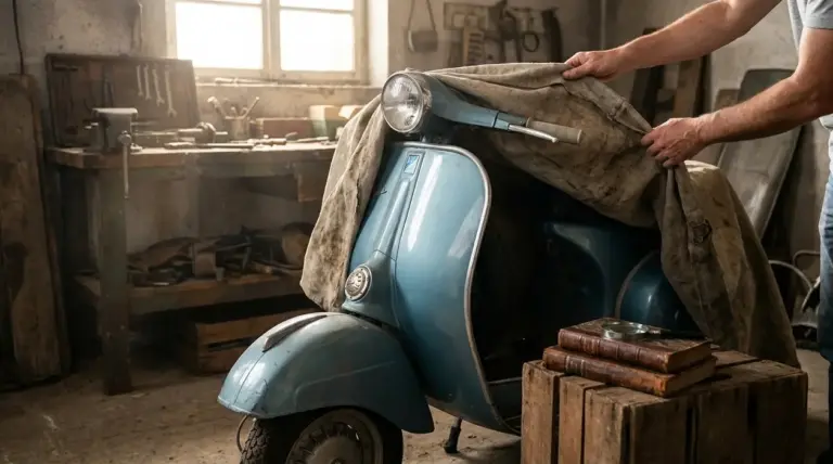 Persona che scopre una Vespa d’epoca azzurra in garage, tra attrezzi e oggetti da collezione