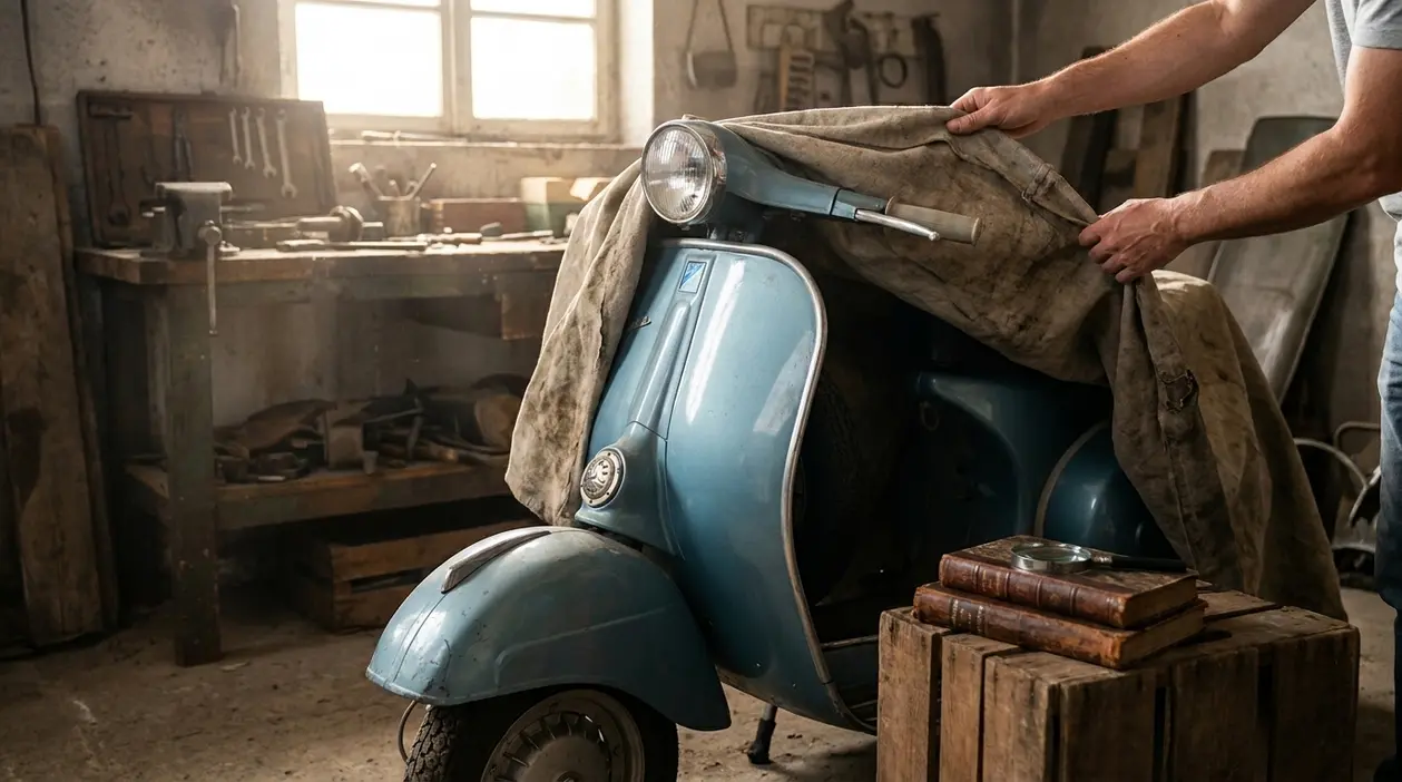 Persona che scopre una Vespa d’epoca azzurra in garage, tra attrezzi e oggetti da collezione