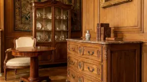 Salotto con mobili antichi in legno: cassettone, vetrina, tavolo rotondo e poltrona in stile classico