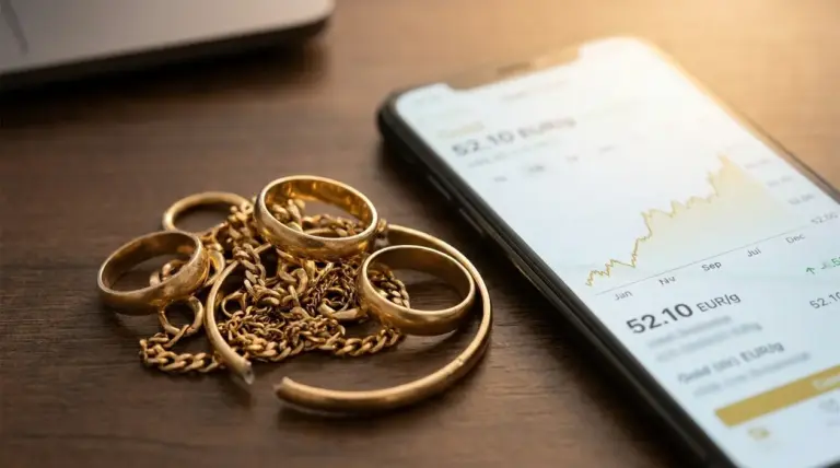 Gioielli in oro usato accanto a uno smartphone con andamento del prezzo dell’oro sullo schermo