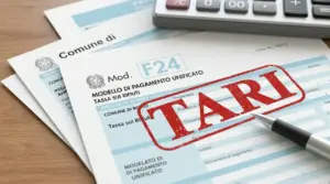 Modello F24 della tassa rifiuti con calcolatrice e penna su scrivania, tema rimborso TARI