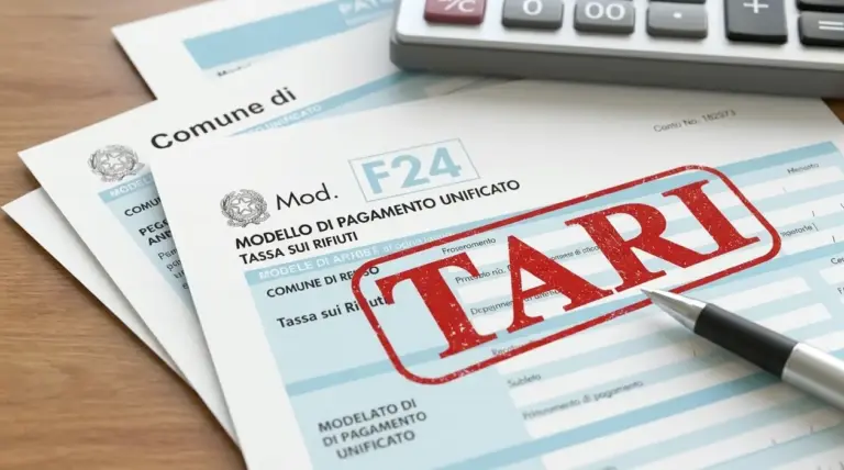 Modello F24 della tassa rifiuti con calcolatrice e penna su scrivania, tema rimborso TARI