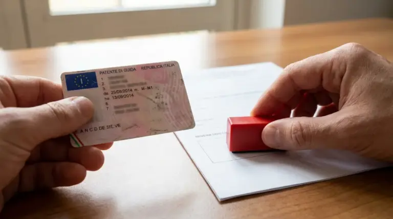 Mani con patente di guida italiana e timbro su modulo per il rinnovo della patente scaduta