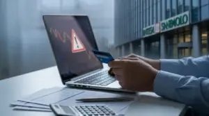 Persona con carta di credito davanti a un laptop con grafico in calo, simbolo di rischio negli investimenti