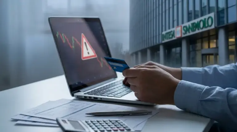Persona con carta di credito davanti a un laptop con grafico in calo, simbolo di rischio negli investimenti
