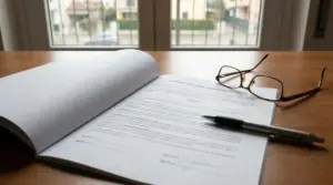 Contratto di comodato d’uso gratuito aperto su un tavolo con penna e occhiali vicino a una finestra