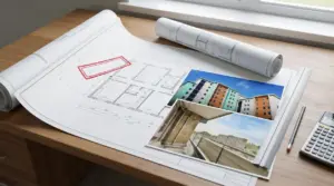 Planimetria edilizia su scrivania con foto di edificio e strumenti tecnici, tema sanatoria abusi edilizi