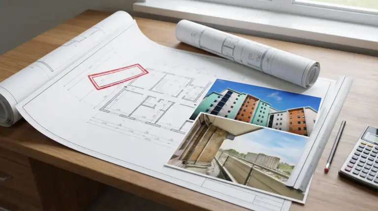 Planimetria edilizia su scrivania con foto di edificio e strumenti tecnici, tema sanatoria abusi edilizi