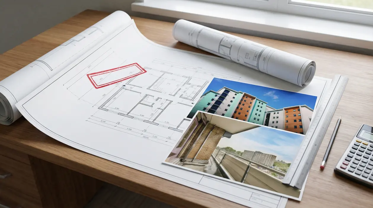 Planimetria edilizia su scrivania con foto di edificio e strumenti tecnici, tema sanatoria abusi edilizi