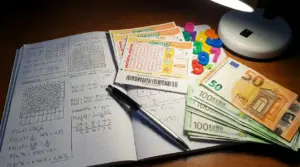 Schedine del Superenalotto, quaderno con calcoli di probabilità, numeri colorati e banconote in euro